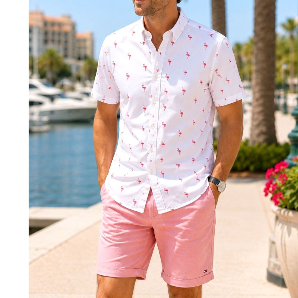 Denim & Flower Flamingo Button Down Shirt, White Pink Print, Resort Casual, L